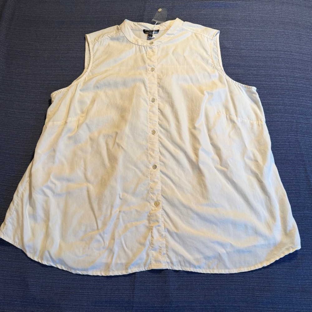 Eileen Fisher Woman 2X Tencel Sleeveless Button Front Top Mandarin Collar Cream